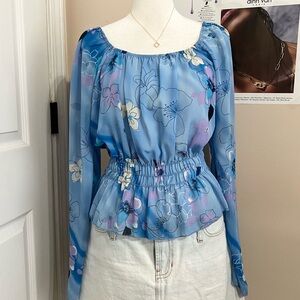 Y2K Fairy Blue Floral Sheer Peasant Top